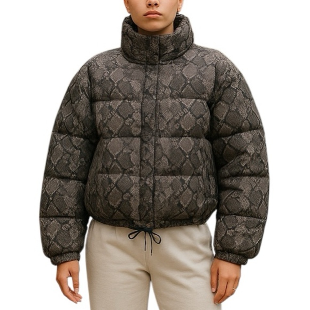 Ashley Outerwear by 26 International Grey Faux Snakeskin Print Puffer Jacket